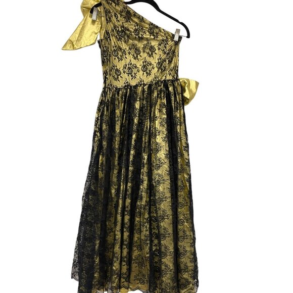 Vintage 80s Evening Glam Dress Gold Black Lace Floral BIG Bows One Shoulder XS - Picture 2 of 6